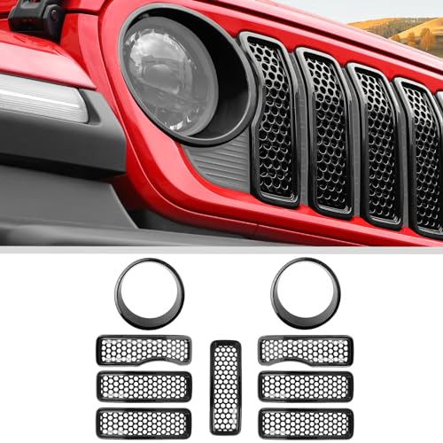 JWWY Headlight Front Grille Mesh Inserts Grille Embellishment Headlamp Grille Accent Kit Trim Fit for 2024 Jeep Wrangler JL JLU & Gladiator JT 4XE Exterior Accessories ABS 9pcs Black (Without Camera)