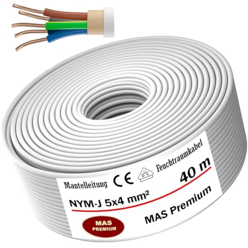 Cable de alimentación para ambientes húmedos, cable de alimentación de 5 m hasta 70 m, NYM-J, 5 x 4 mm², anillo de cable eléctrico para instalación fija (40 m)