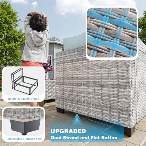 Image of 13-Piece Patio Furniture Set, Outdoor Patio Furniture with Swivel Chairs Set, Ottomans, 55,000 BTU Fire Pit Table, Modular Patio Sofa, Dual-Strand Wicker Rattan, Rust-Resistant Frame, Light Blue