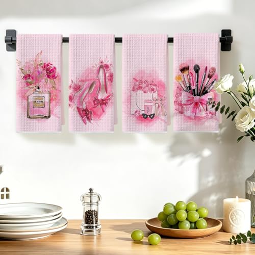 Image of 4Pcs Pink Kitchen Towels 24x14 Inch, Perfume High Heels Decor Microfiber Reusable Tea Towels for Kitchen Bathroom Farmhouse, Durable Waffle Weave Dish Drying Towel, Pink Gifts for Women Mom Friend