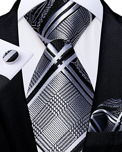 Image of DiBanGu Silk Zipper Ties for Men,Paisley Solid Plaid Pre-tied Tie and Pocket Square Cufflinks Set Formal Adjustable Necktie