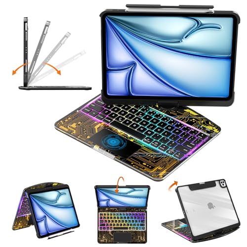 Image of Clear Keyboard Case for iPad Air 11 inch (M3 /M2, 2025 /2024), Air 5th /4th & Pro 11 inch 2022-2018, 360 Swivel with Wireless Bluetooth Multi-Touch Trackpad, 7-Color Backlit, Pencil Holder Black