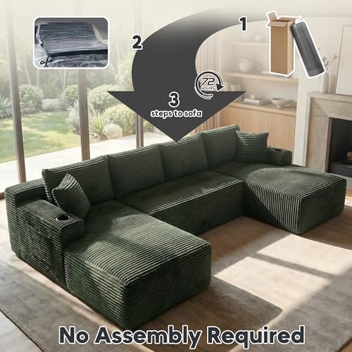 Image of 125 Inch Modular Sectional Sofa, Cloud Couch Oversized U Shaped Corduroy Sofa with Storage & Cupholders, Modern Deep Seat Boneless Couches for Living Room, No Assembly Required, Green