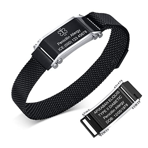 MEALGUET Medical Alert Bracelet for Men : Stainless Steel Mesh Band Free Custom Engraving Emergency Medical ID Bracelet for Men SOS Wristband,Fully Adjustable Band Medical Jewelry