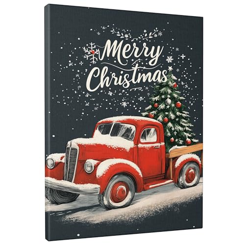 Toile camion rouge vintage, le cadeau idéal pour une décoration murale de Noël réussie