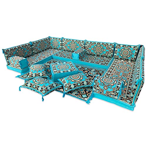 SPIRIT HOME INTERIORS - Modular U-shaped Arabic Style Majlis Sofa Set With Matching Rug And Pouffe Turquoise Bohemian Floor Cushions - Sofa - Rug - Pouffe - Pillow
