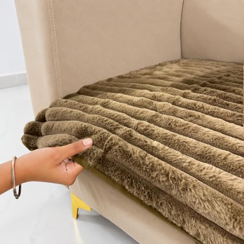 Image of Homerz Premium Rabbit Fur Sofa Cover with Anti-Skid Backing, Soft Plush Fabric Sofa Protector for Living Room Furniture (Coffee, 1 Seater, Only Seat Cover)