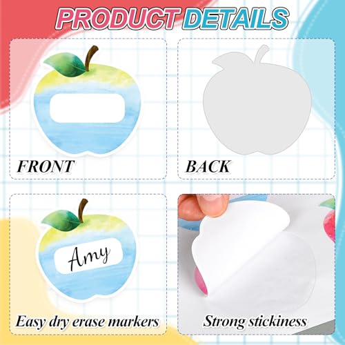 Image of Whaline 90 Pcs Back to School Name Tag Stickers Watercolor Apples Shape Nameplates Colored Self-Adhesive Label Decals for Students Desk Classroom Decoration, 9 Designs