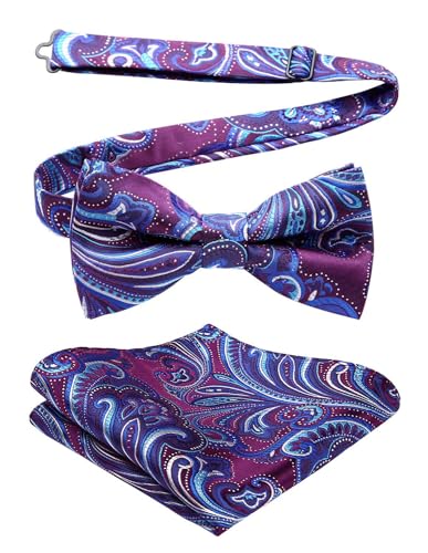 Image of HISDERN Bow Ties for Men Paisley Floral Pre-tied Bowtie Pocket Square Set Men's Formal Bow Ties Wedding Party