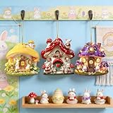 3 adornos de conejo de Pascua para árbol, colgante de casa de hongos acrílico 2D, colorido árbol conejo, cesta de decoración de huevo de primavera