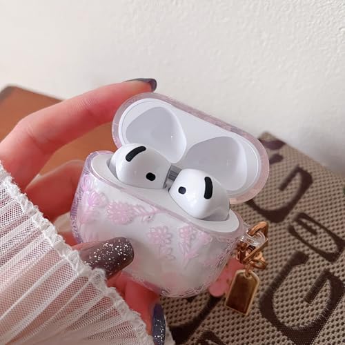 Image of MINSCOSE Compatible with AirPods 4 Clear Case,Cute Flower Floral Aesthetic Design with Flowers Keychain, Soft TPU Protective Shockproof Case for Women Girl for Airpods 4-Pink