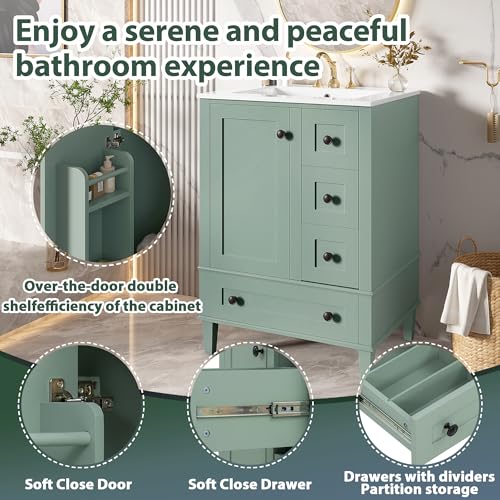 Merax 24" Bathroom Vanity with Integrated Ceramic Sink, Door-Mounted Double-Layer Shelf, Soft-Close Drawers & Cabinet, Black Zinc Handles, Compact Single Vanity for Bathroom, Light Green by Merax - Image 3