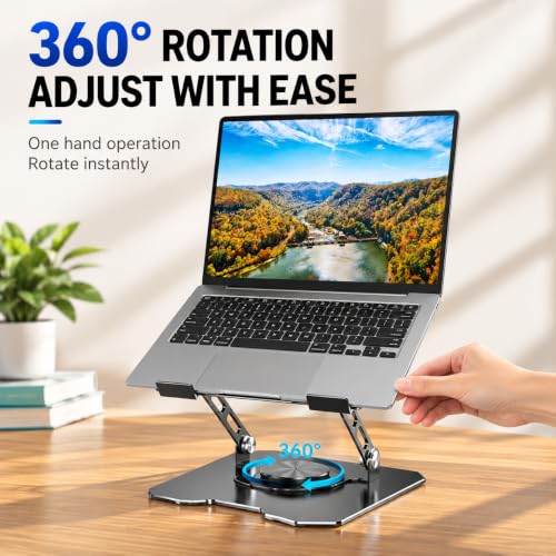 Image of 360 Rotating Aluminium Laptop Stand, Adjustable Ergonomic Laptop Riser with Swivel Base, Foldable Ventilated Desk Stand Compatible with All Laptops up to 17.3 Inches - Silver