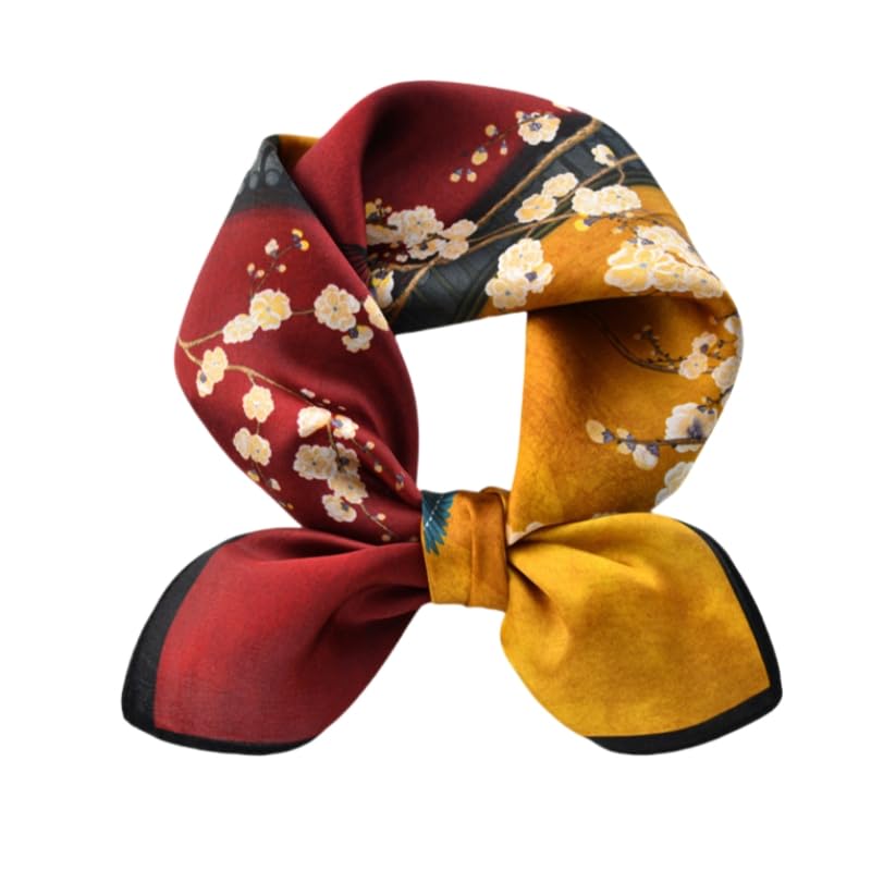 Foulard carré pour femme en pure soie douce, poésie fleur de prunier chinois et bandeau cheveux