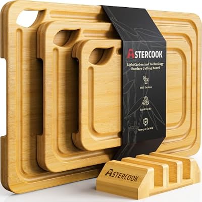 Astercook Nature Bamboo Cutting Boards for Kitchen with Wood Storage Stand, Reversible Charcuterie & Chopping Boards with Juice Grooves and Easy-Grip Handles