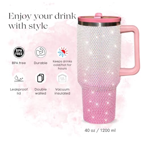 Image of 40 Oz Rhinestone Studded Tumbler with Handle Straw and Lid, Insulated Stainless Steel Double Layer Water Bottle for Women, Reusable Travel Coffee Mug (1200ml) Gradient white /pink