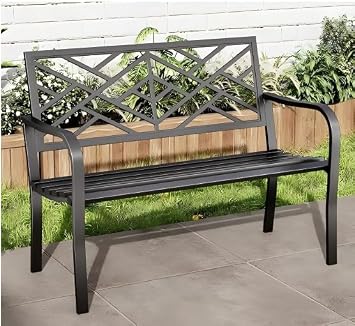 MFSTUDIO 43.7 Cast Iron Outdoor Garden Bench, Geometric Backrest, Black | E-Coating Anti-rust Finish, Weatherproof Outdoor Bench for Patio, Porch, Front Door, Park, Up to 550 Lbs for 2 People