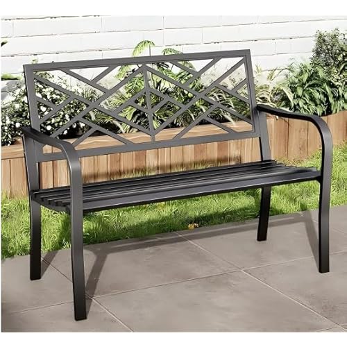 MFSTUDIO 43.7 Inches Outdoor Garden Bench, Cast Iron Metal Frame Patio Park Outside Benches with Geometric Pattern Backrest for Front Porch, Black