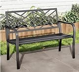 MFSTUDIO 43.7 Inches Outdoor Garden Bench, Cast Iron Metal Frame Patio Park Outside Benches with Geometric Pattern Backrest for Front Porch, Black