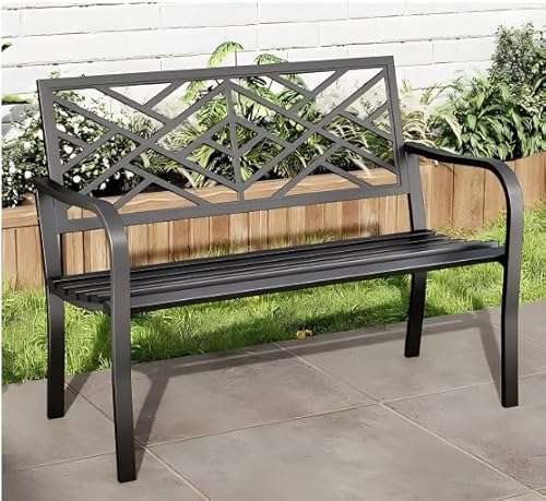 MFSTUDIO 43.7 Inches Outdoor Garden Bench, Cast Iron Metal Frame