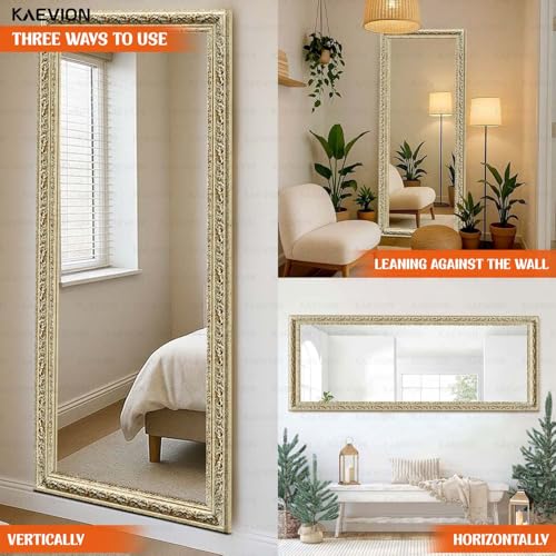 Image of Gold Full-Length Mirror, 5.25 ft Ornate Vintage Framed Wall Mirror with 5mm HD Shatterproof Glass, 3-Way Hanging or Leaning Large Body Dressing Mirror for Bedroom, Living Room