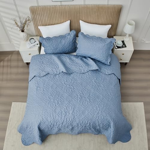 Image of Oversized California King Bedspreads 120x120 for Extra Tall Split Cal King Bed Lightweight Quilted Coverlet Set 3 Pieces 1 Quilt 2 Pillow Shams Faded Denim