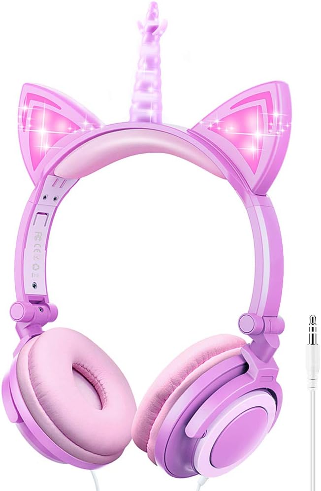 isightguard Unicorn Kids Headphones Cat Ear Headphones with LED Glowing Wired Kids Headphones 85dB Volume Limited Over Ear Headphones for Girls,Purple