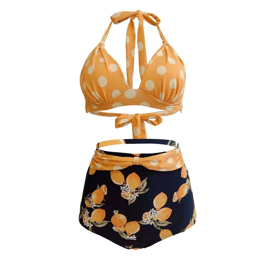 Donna Classico Bikini Costumi da Bagno Due Pezzi, Costume da bagno donna 2 pezzi Costumi da bagno Backless Halter Dot Top a vita alta Tropical Lemon Bottoms Strappy Estate Costume da bagno Surf Costum