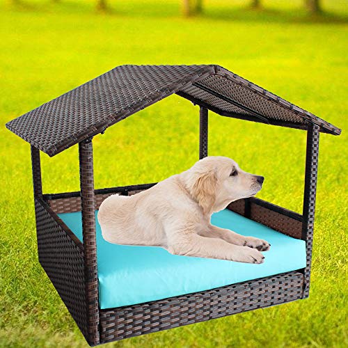 Leaptime Pet Playpens Brown PE Wicker with Cushion Outdoor Indoor Use for Small Animals (Turquoise)