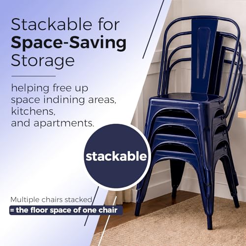 Image of Metal Dining Chairs with Backrest, Stackable, Dark Blue, 8 Pack | Easy Assembly, Non-Slip Feet, 330 lb Capacity, Kitchen, Restaurant, Cafe, Pub, Covered Patio