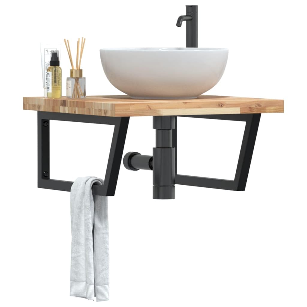 Estantería para lavabo de pared de acero y madera de acacia – Estantería montada en la pared para lavabo de acero y madera con soportes de acero para un almacenamiento elegante que ahorra espacio