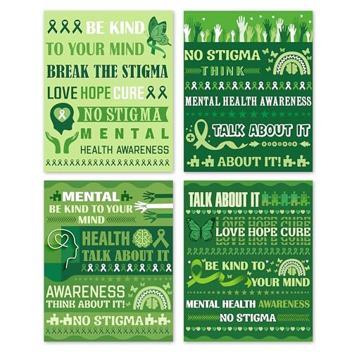 QUDNCR 4 Pieces Mental Health Awareness Wall Decor, Inspirational Green Ribbon Wall Art Prints, Positive Energy Wall Art Posters For School Classroom Charity Welfare Campaign Decoration, 11