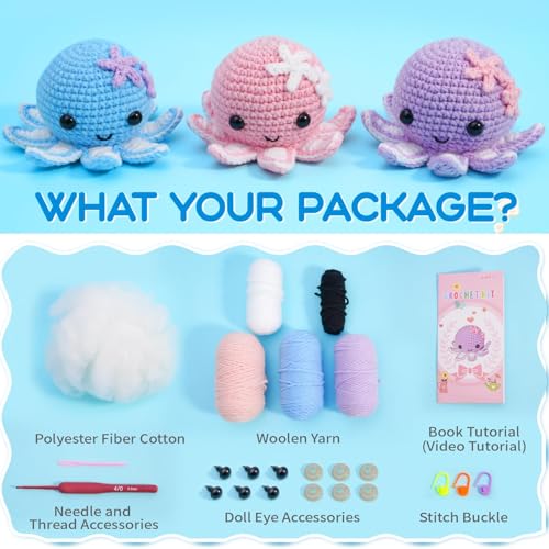 Image of Crochet Kit for Beginners: Make 3 Cute Amigurumi Animals with Easy-to-Follow Video Tutorial, Complete Beginner Crochet Kits for Kids Adults, Creative Christmas Birthday Gift Idea for Women & Girls
