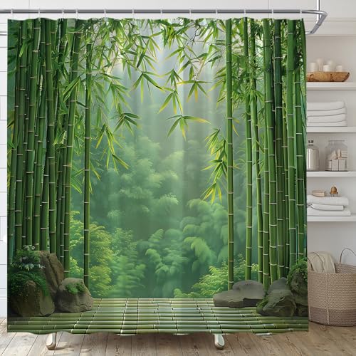Bamboo Shower Curtain Green Bamboo Forest Japanese Asain Relax Rustic Nature Garden Scenery Landscape Bathroom Curtains Decor Fabric Set Include Hooks,(70" WX70 H)