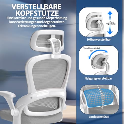 Image of TRALT Ergonomic Office Chair, Desk Chair with Adjustable Headrest, Height-Adjustable Office Chair, Office Chair, Ergonomic Desk Chair, Gaming Chair, 150 kg for Long Time, Grey