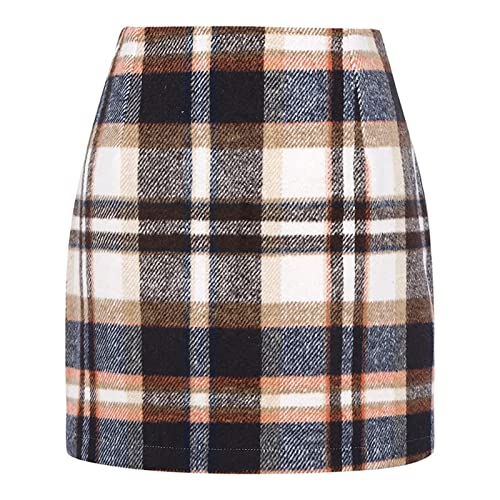 Womens Plaid Skirts Fall Winter Wool Bodycon Pencil Skirts Casual Tweed Trendy A Line Mini Skirts