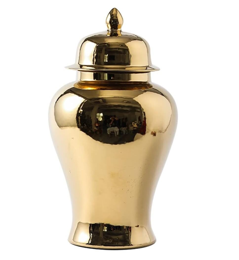 CVdrtyED Home Decor Modern Gold Ceramic Ginger Jar With Lid, Decorative Porcelain Jars Temple With Lids, Flower Vases Decor Ginger Jar(A,22 * 39cm)