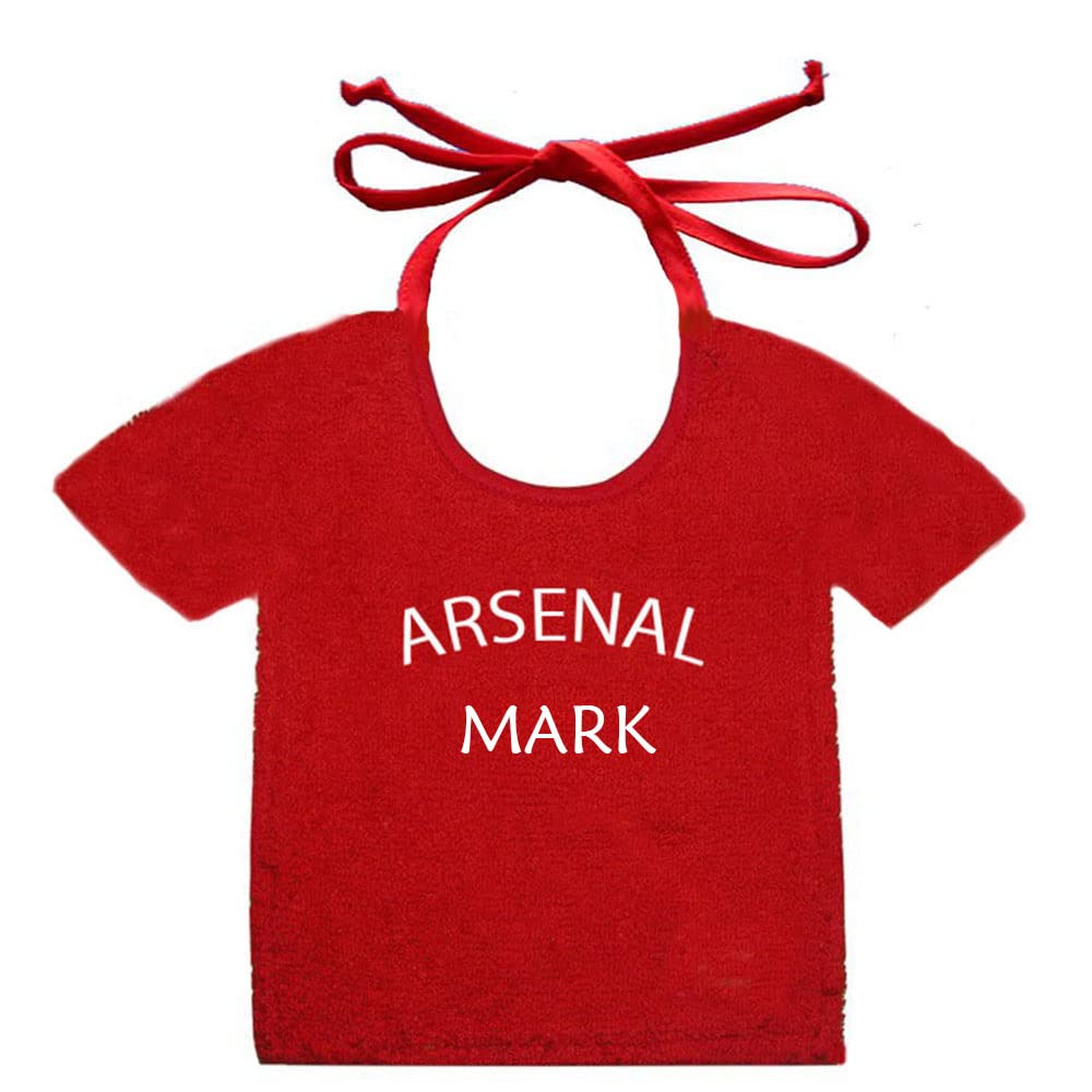 Zigozago – Football Baby Bib in Embroidered Cotton Terry | Arsenal Fan Shirt Design | Handmade | Tie or Elastic Closure | Personalised with Name | Size: 30 x 22 cm | Colour: Red | Soccer Baby Gift