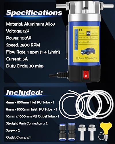 Image of Oil Pump 12V 100W, Oil Extractor Pump for DIY Engine Oil Change | Electric Fluid Transfer Pump for Synthetic, Gear Oil, Trans Fluid Removal, Self-Priming Oil Transfer Pump for Car, Mower,Boat