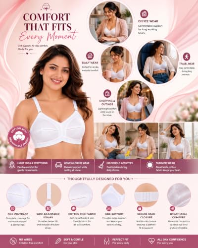 Image of SONA Women's Cotton Full Coverage Wire Free Non Padded Elastic Straps Bra | Breathable Fabric Pure Cotton Adjustable Straps Perfect Fit All-Day Wear