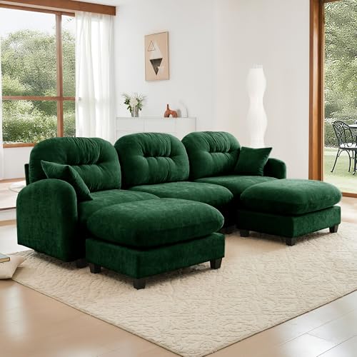 Image of KEIKI 107 inch U-Shaped Oversized Chenille Modular Sectional Sofa with 2 Ottoman, High-Density Foam Cushions, Tufted Pleated Cushion Backrest, Modern 3-Seater Couch with 2 Pillow, for Living Room, Green