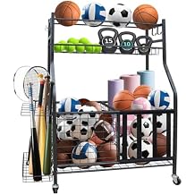 Sports Equipment Garage Organizer, Garage Ball Storage Rack with Basket, Hooks and Rolling Cart for Sports Gear and Toy Storage, Heavy Duty Ball Holder Indoor/Outdoor Use