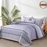 Goodidea Lilac Boho Quilt Set Queen Size, 3 Piece Light Purple Bohemian Striped Bedspread Coverlet Set with 2 Pillow Cases Lightweight Soft Microfiber Bedding Set for All Seasons (96'x90')