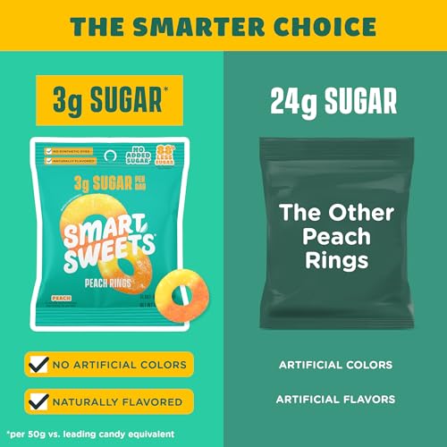Image of SmartSweets Peach Rings, Low Sugar Gummy Candy, 1.8oz Bags, 12 Pack