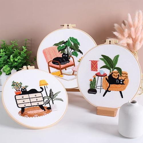 Image of KEKEMEOW 3 Sets Embroidery Kit for Beginners, Stitches with Black Cat and Furniture, Embroidery Stitch Practice kit for Craft Lover, Needlepoint Hand Embroidery Kit with Pattern、Instruction、Hoop