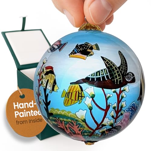 Maui By Design Collectible Hand Painted Fish and Turtle Glass Ornament with Gift Box