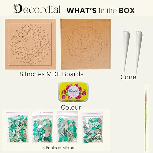 Image of lippan Art Materials DIY kit with 2 premarked madhubani Mandala Designs MDF Board Decorative Mirrors Colours lippan Art kit for Kids Adults Wall Decoration for