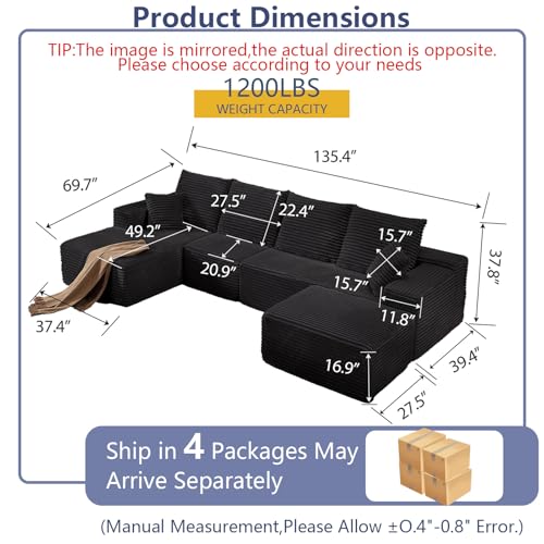 Image of 135.4 inch Boneless Cloud Sectional Couch Modular Sofa with Ottoman | Modern U-Shaped Couches, Comfy Corduroy Memory Foam Sofas with Oversized Chaise for Living Room (Black,Left-Facing Chaise)