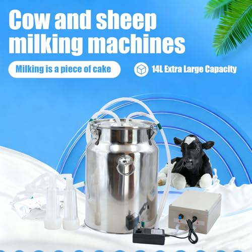 14L Cow Milking Machine Electric Milker, Goat Milking Machine with Pulsation Vacuum System, Durable Stainless Steel Bucket for Home Farms(Wired version)