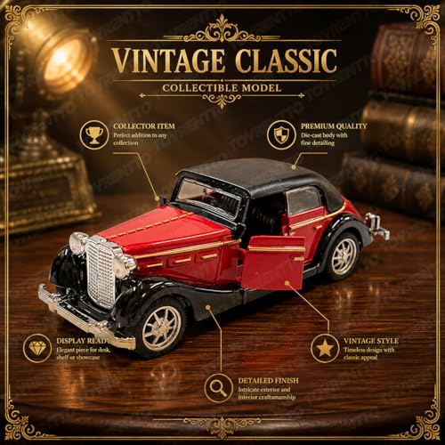 Image of 1:36 Scale Vintage Classic Toy Car Pull Back Action Die Cast Metal Model Car Red Black Retro Collectible Vehicle with Opening Doors for Kids Boys Girls Gift